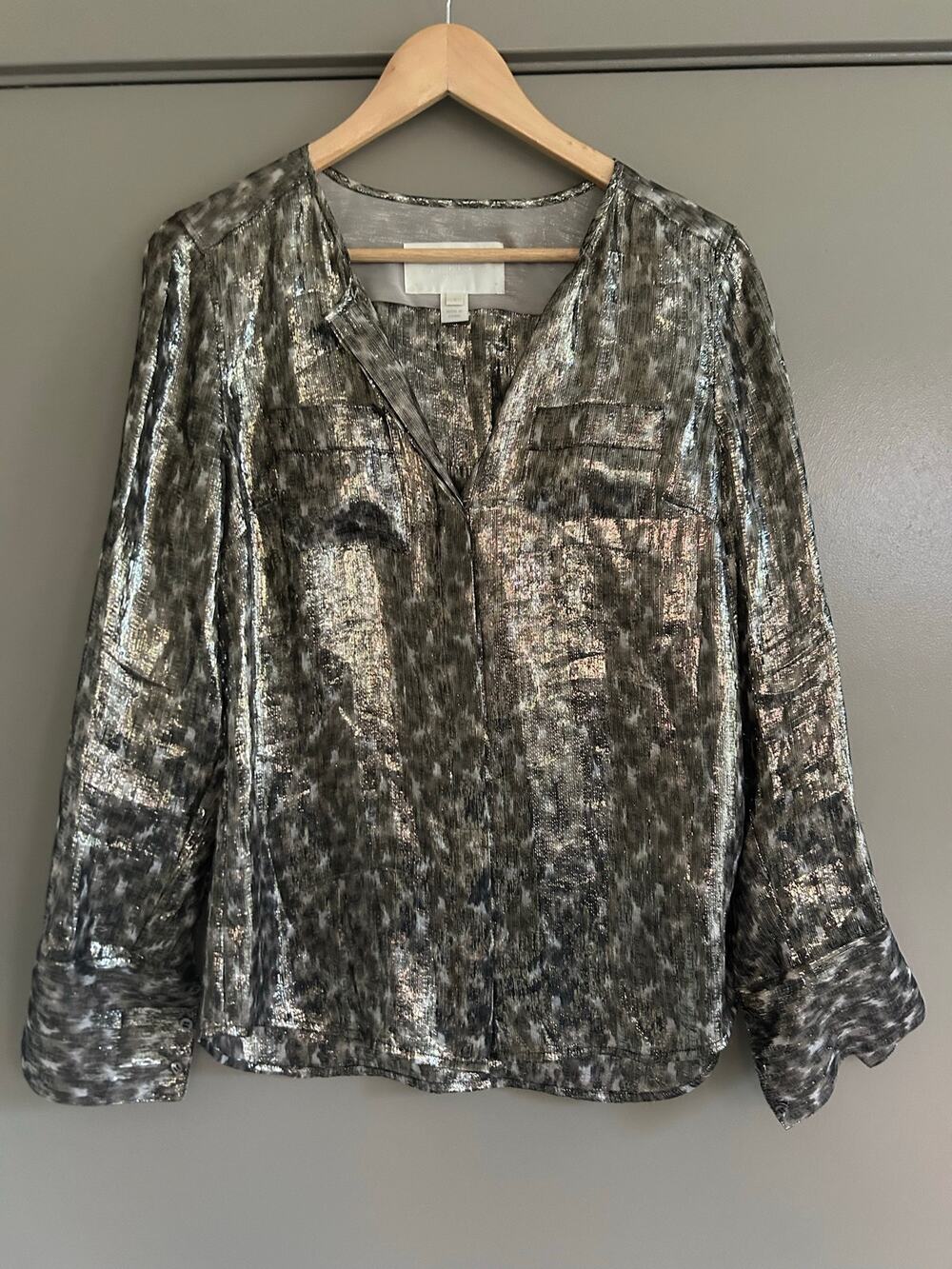 J Crew Collection Shiny Luminous silk Lamé Luxury Foil Print Blouse Slouchy